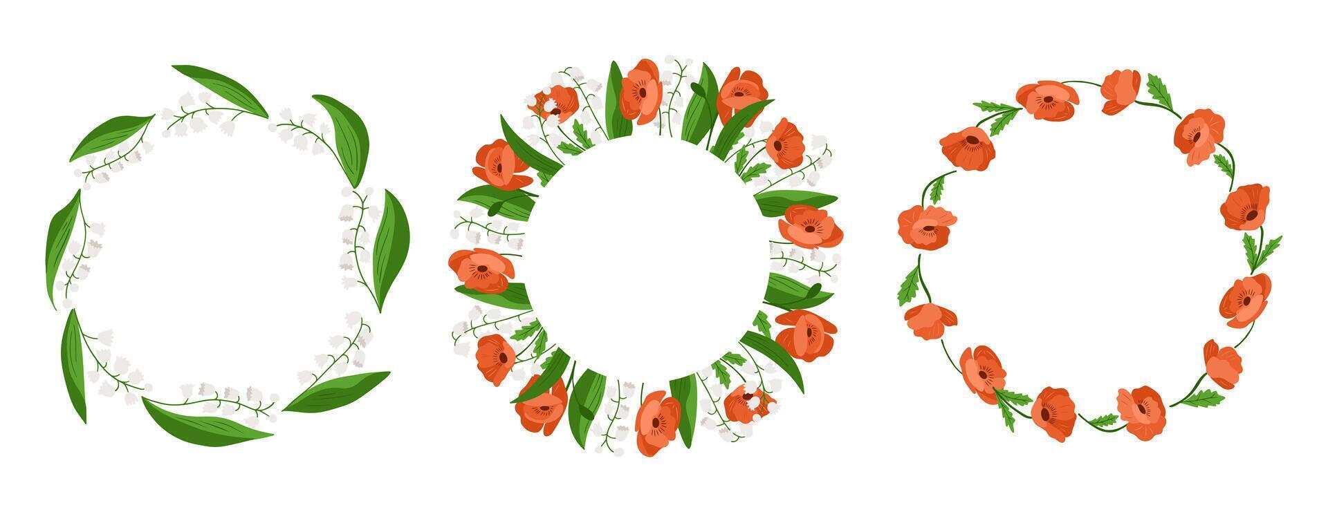 Three round floral wreaths made of red poppies and white lily of the valley on white background. Botanical decoration and seasonal frame concept in flat hand drawn style vector