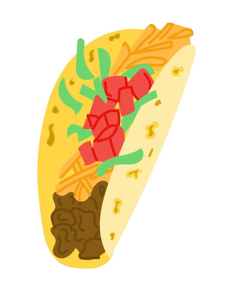 Taco illustration with ground beef, shredded cheese, lettuce and tomato in a flat style. Represents fast food, Mexican cuisine and tasty street food concept vector