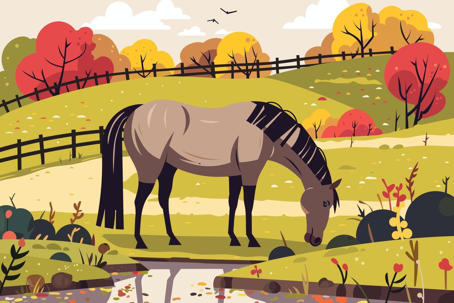 illustration of a horse grazing near a pond in an autumn landscape with colorful trees, hills, and a wooden fence. Perfect for farm, nature, countryside, or animal themes. vector