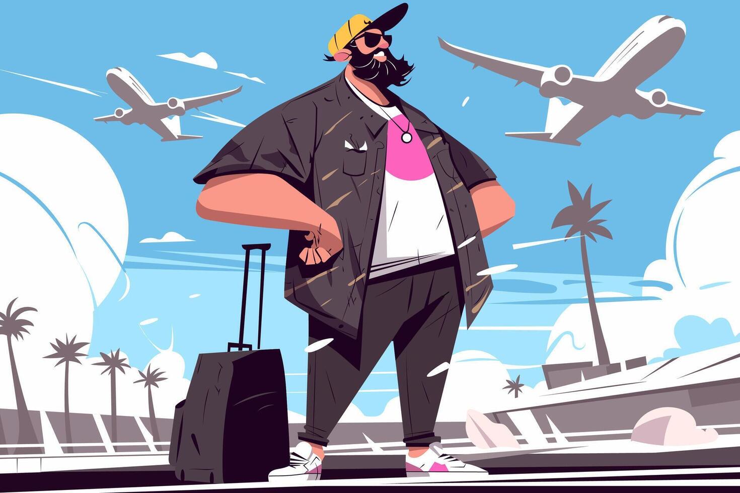 Stylish man with beard and sunglasses ready for vacation at airport. Flat illustration of travel, leisure, and holiday journey vector