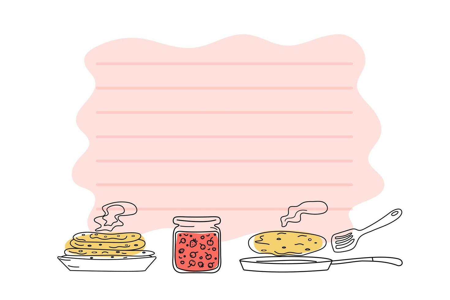 Cooking recipe baking, pancakes, blank background. Icon set, drawing, doodle. Frying pan, plate with food, jam in jar. Background with space for text. vector