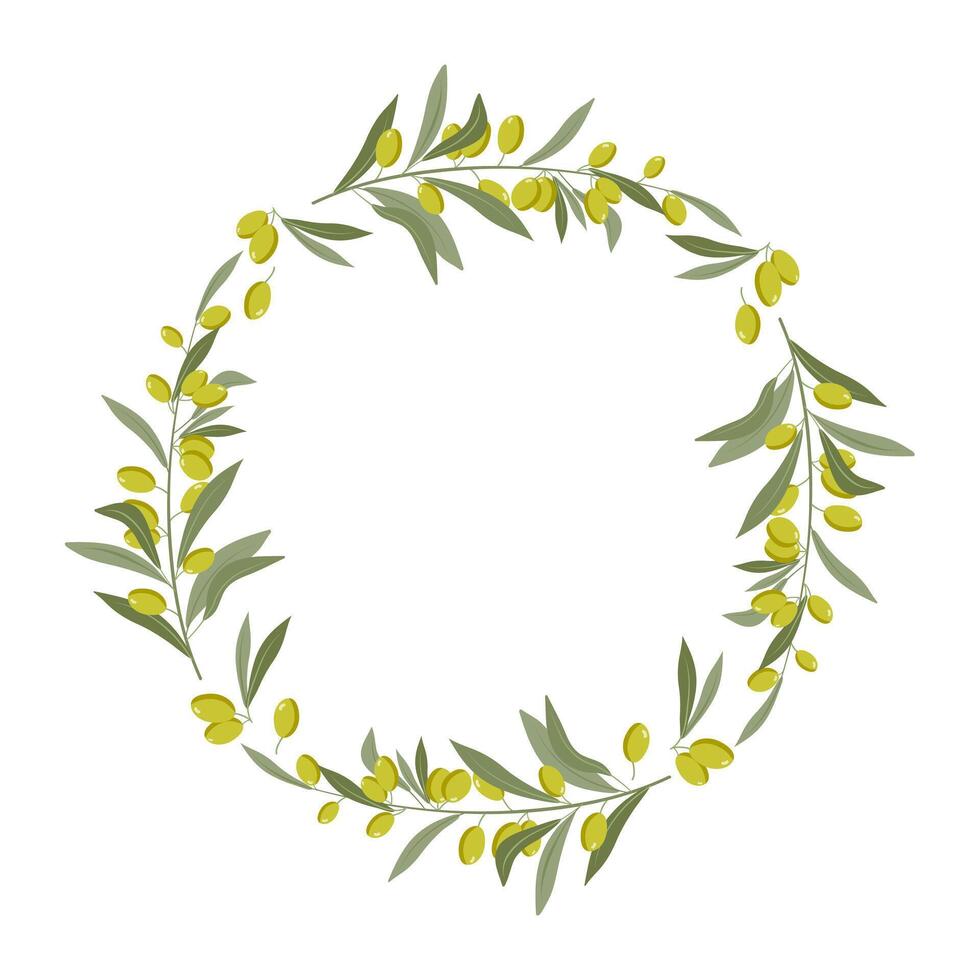 Olive tree branch. Green branches with fruit. Mediterranean frame vegetables, vegan diet, food, organic cosmetics, vegetable oil. Flat design isolated on white background. Handwritten lettering. vector