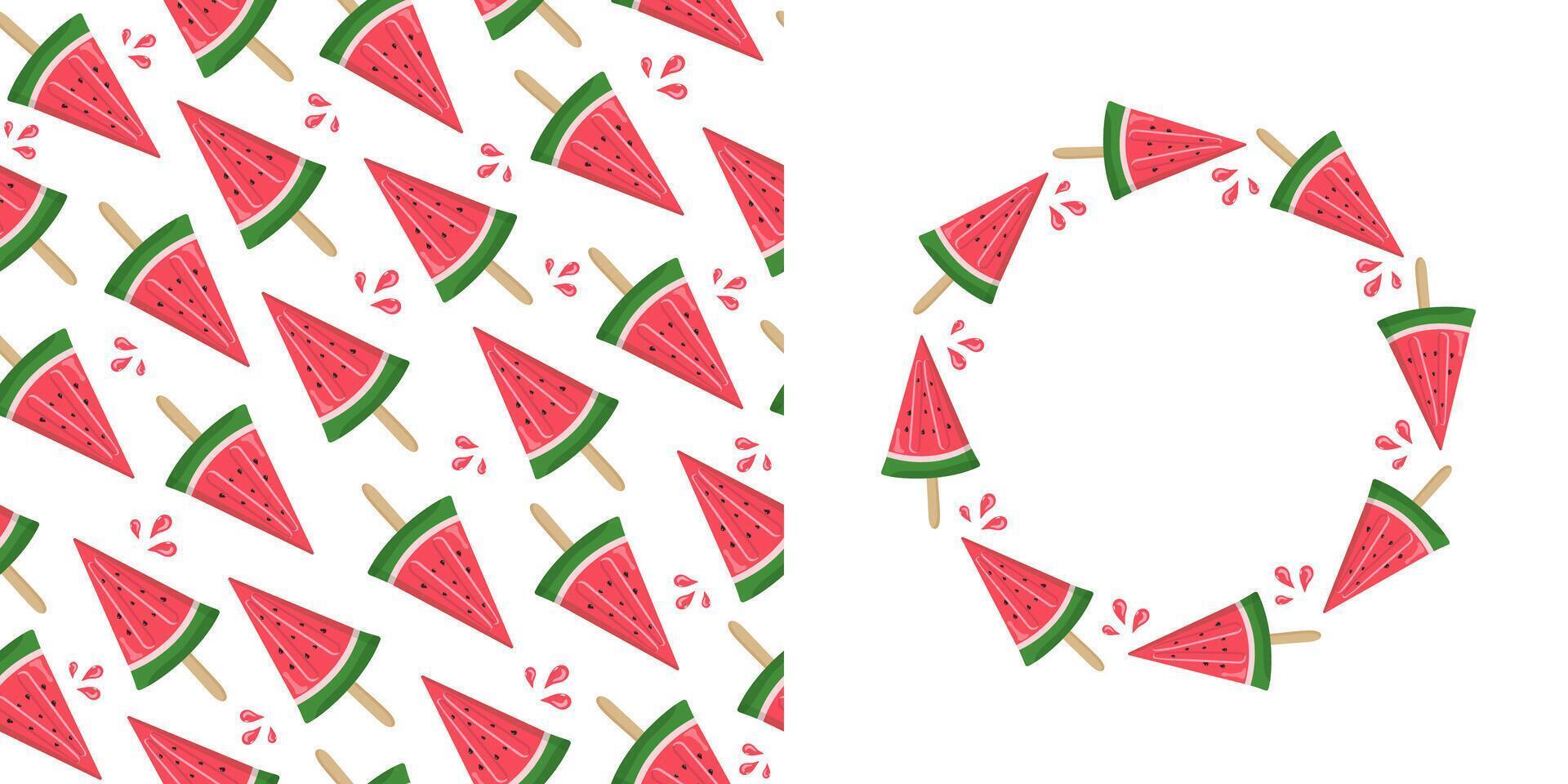 Watermelon, ice cream. Set seamless pattern, frame round with hand drawn watermelon, natural food. Slices of juicy watermelon. Repeating summer background. Place for text. vector