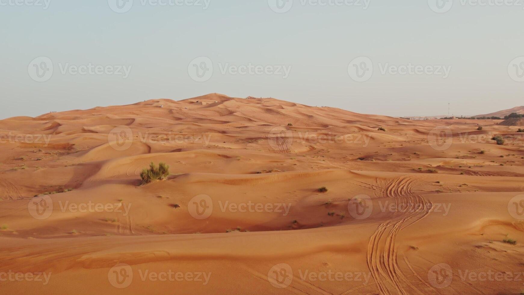 Red desert dunes with sparse vegetation among the sand with traces of cars driving off-road. Drone photo