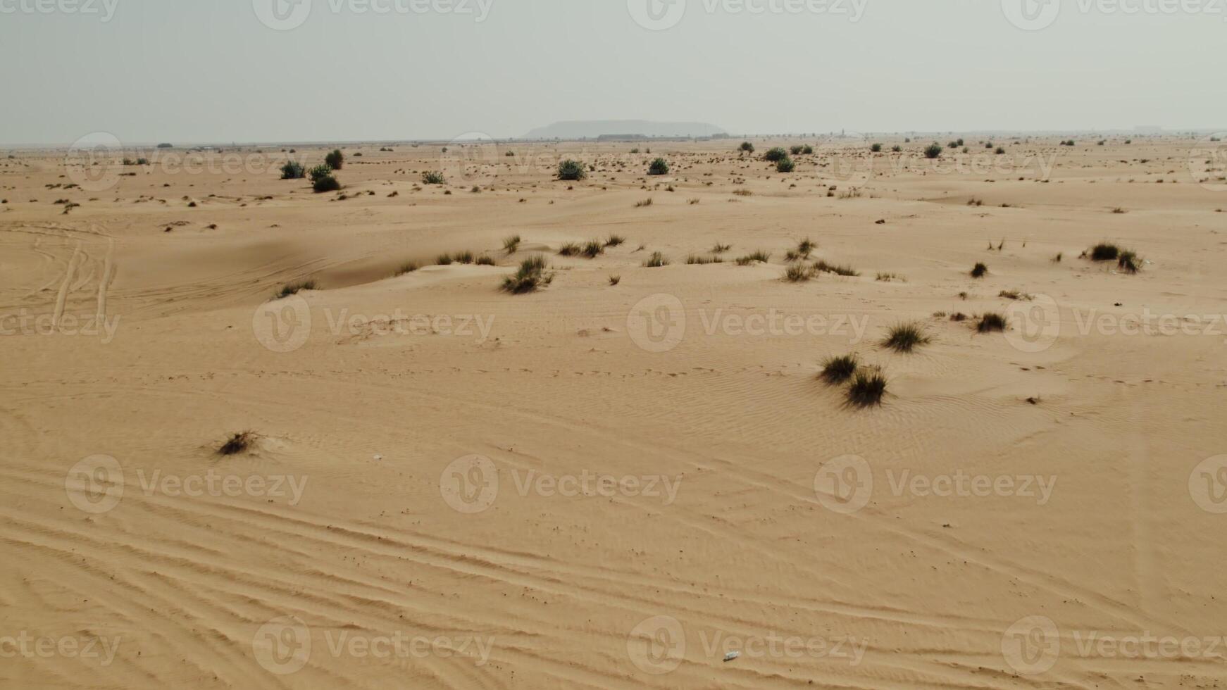The drone flies over a lifeless desert with sparse green vegetation among the sand photo