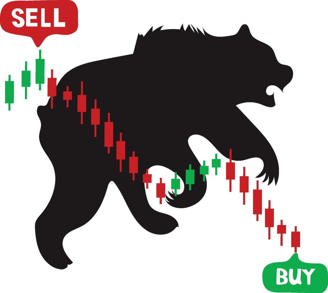 A bear is shown with a stock market and sell and buy arrows vector