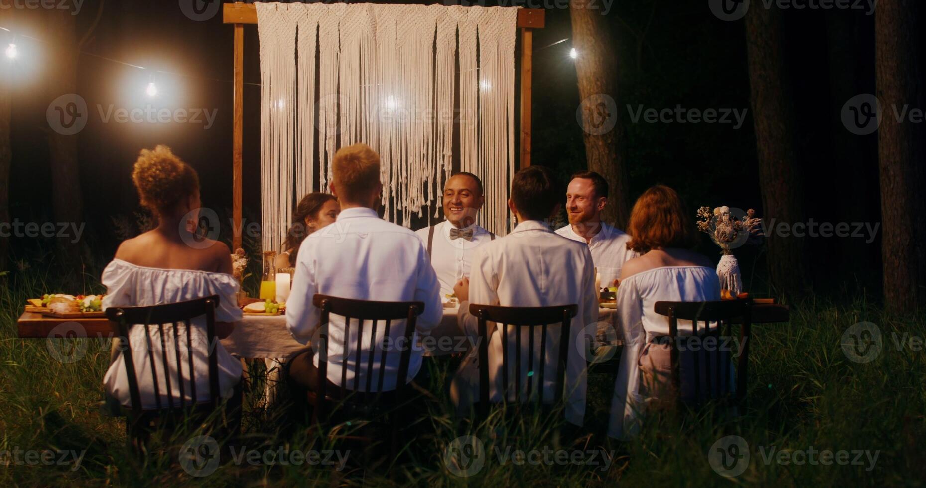 The bride and groom kiss standing up from behind the covered festive table, at which the guests are sitting photo