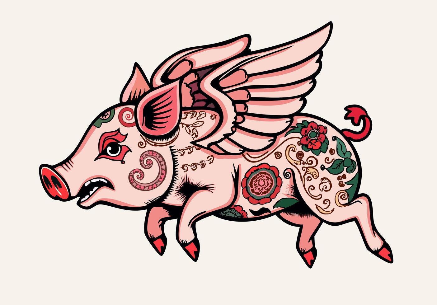 Winged piglet. Flying pig. Tattoo style. isolated illustration vector