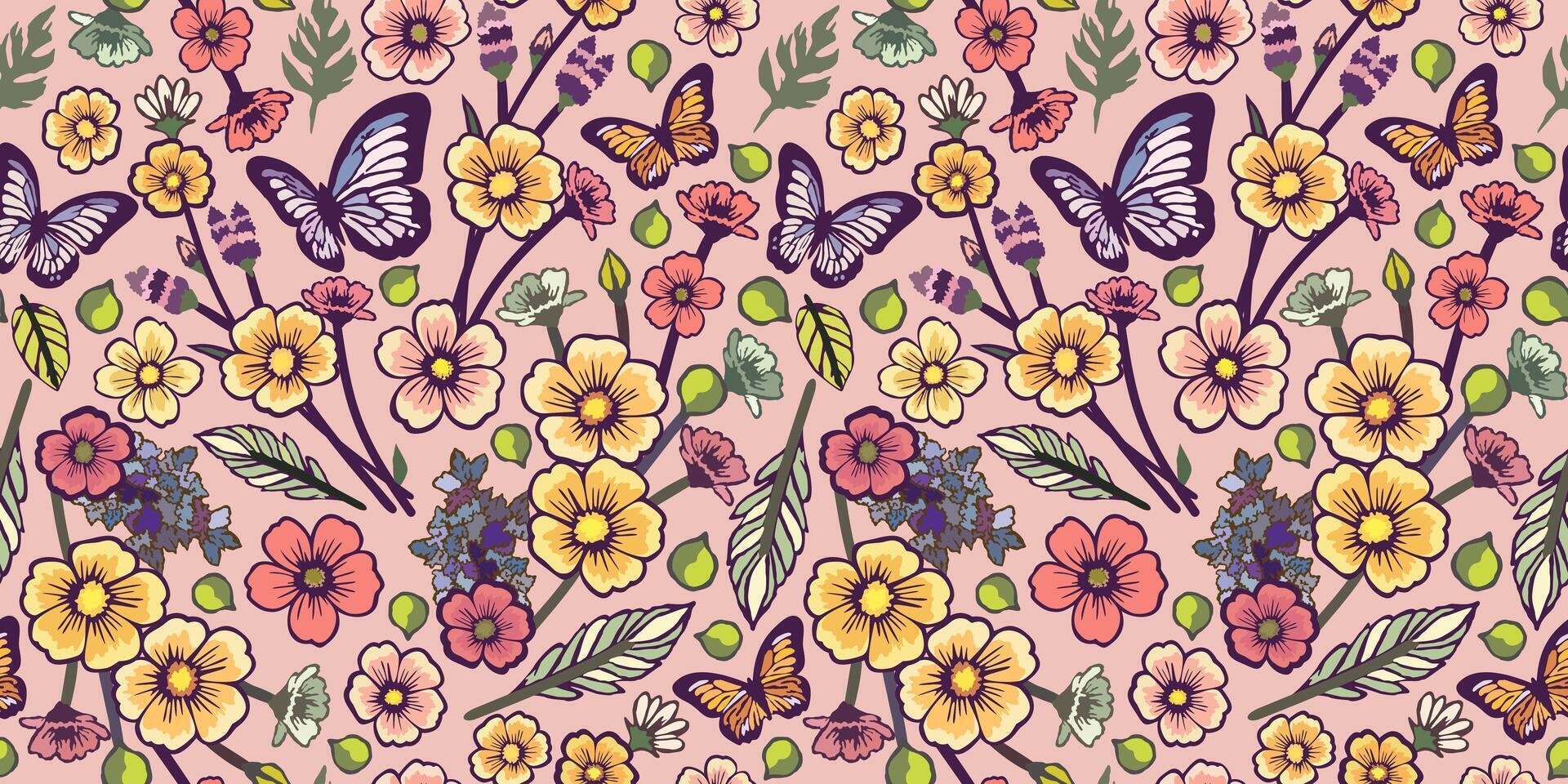 seamless floral pattern. Flowers and butterflies on light pink background vector