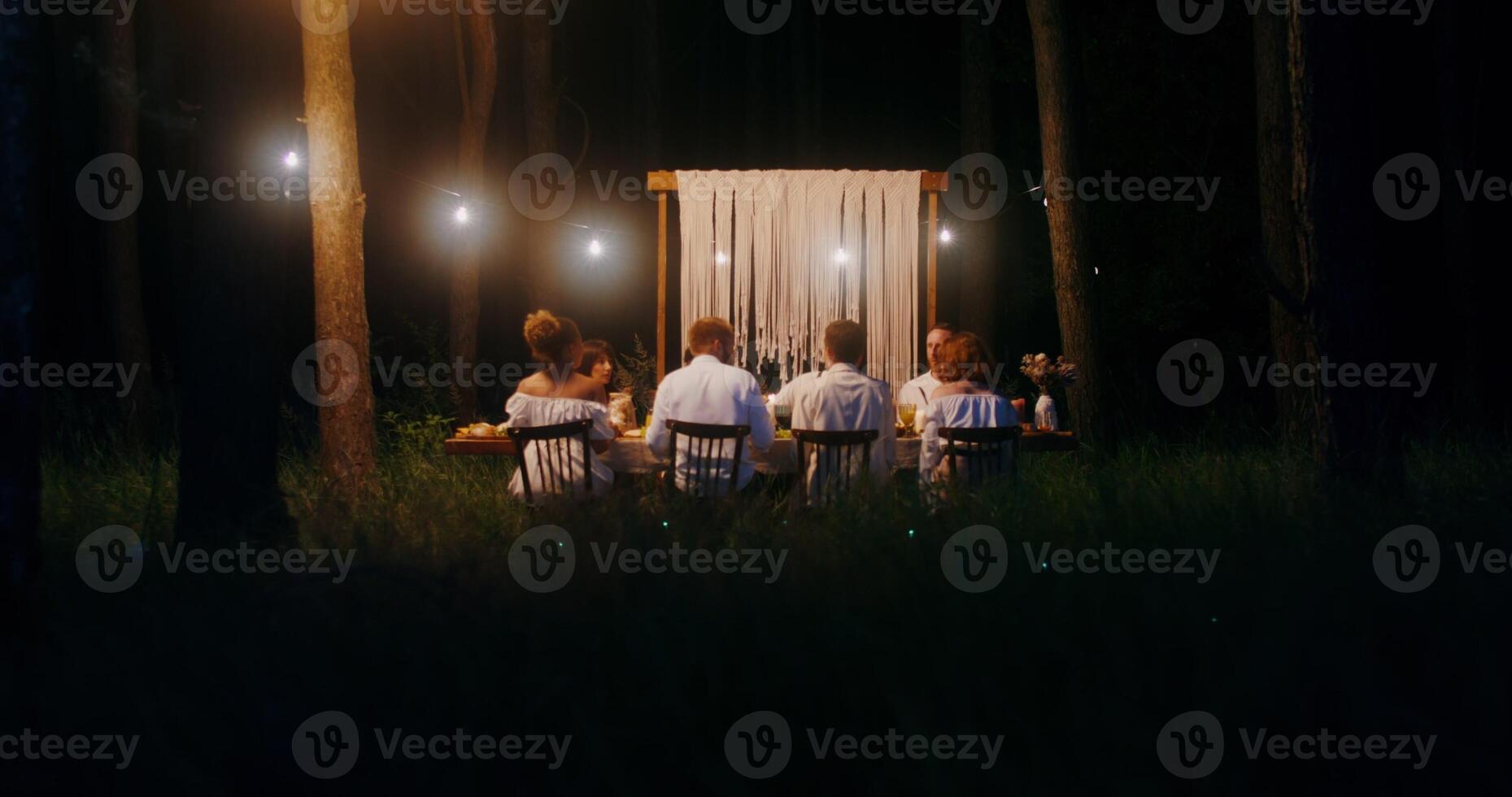 The bride and groom kiss standing up from behind the covered festive table, at which the guests are sitting - guests photo