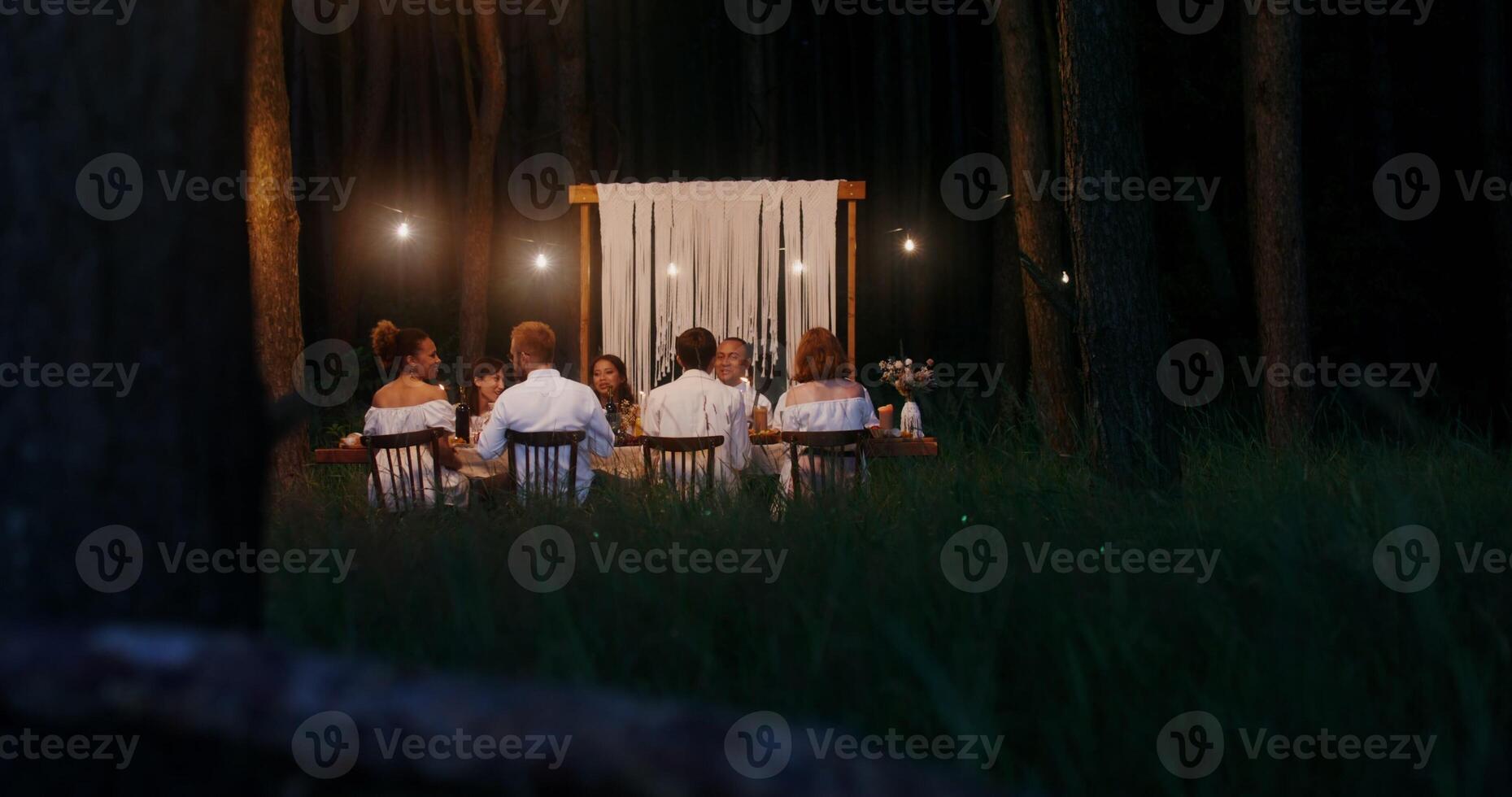 Guests smile and talk while sitting at a beautifully set festive table outdoors at night under light bulbs - beautifully photo