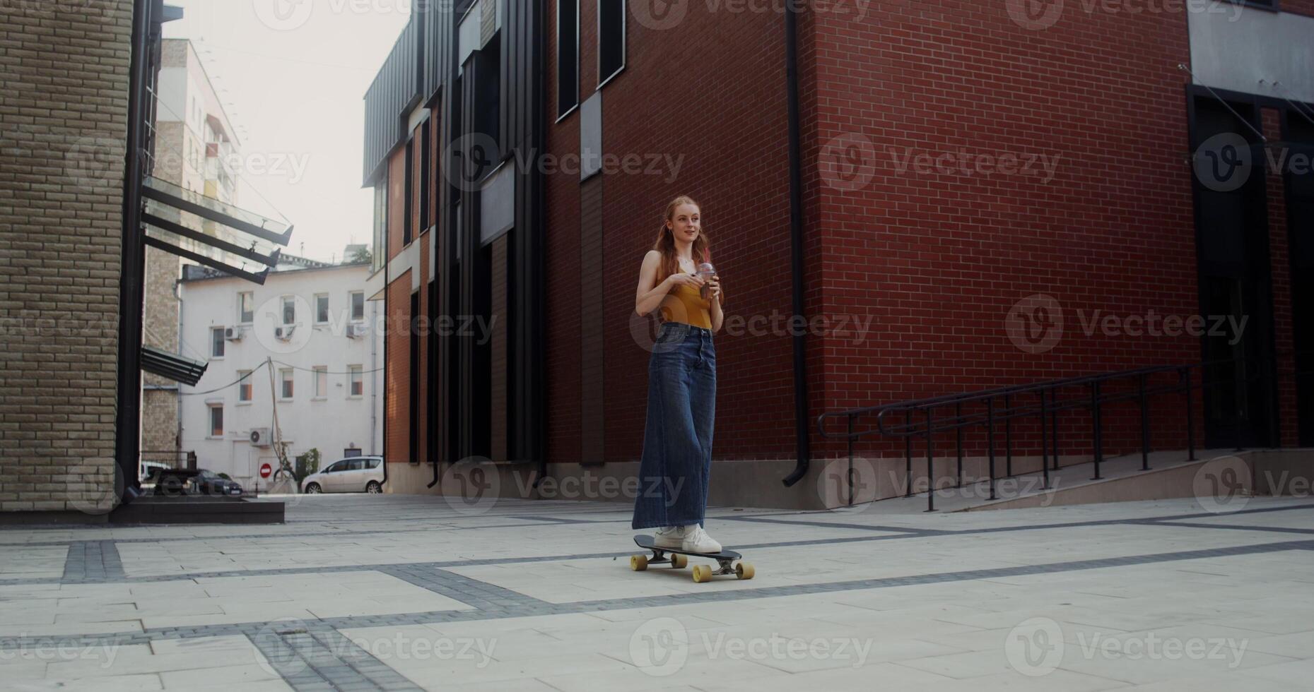 A young red-haired woman drinks lemonade while riding a longboard on a city street on a summer day - riding photo