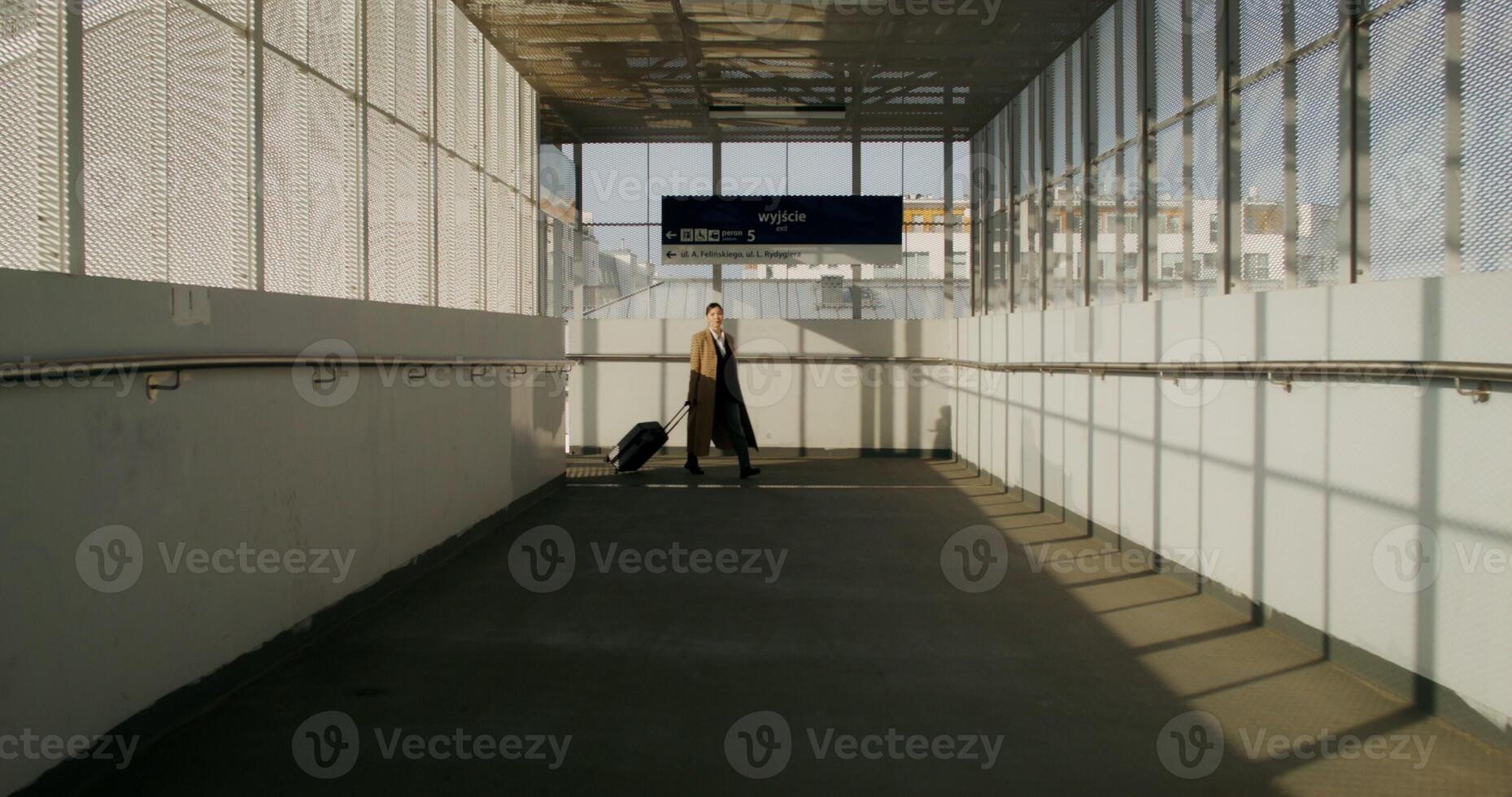 A woman in a coat with luggage in her hand walks through the railway station with a concentrated look photo