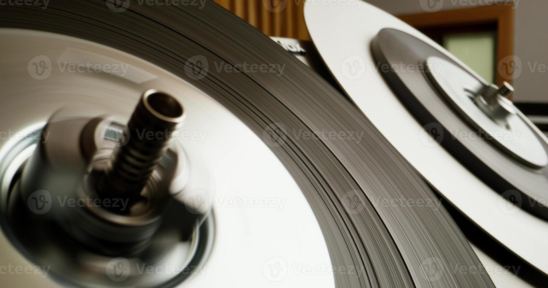 Sound recording on a tape recorder in a recording studio. Fast movement of the magnetic tape, close-up - recording photo