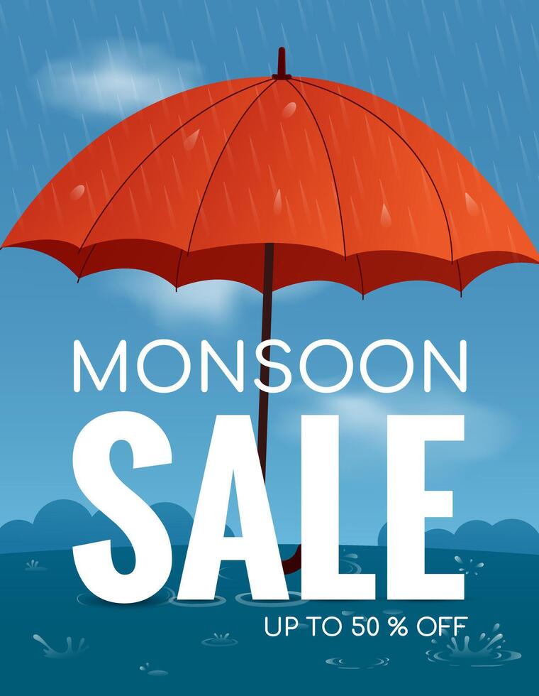 vertical template for monsoon sale, postcard with umbrella and rain vector