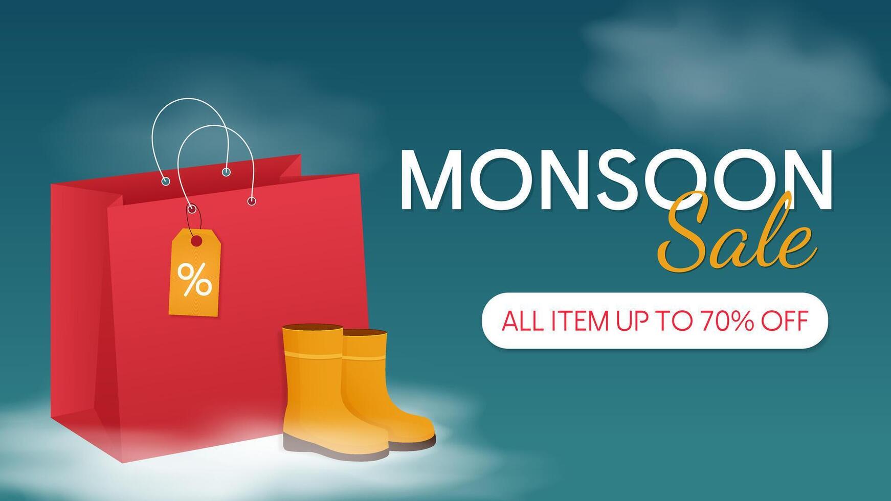 monsoon sale template, discount banner with shopping bag and boots vector