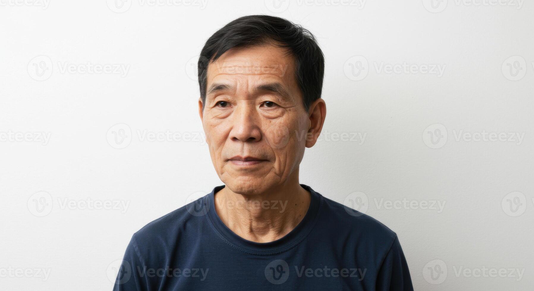 Serious Senior East Asian Man in Casual Shirt Looking Thoughtfully Away on White Background photo