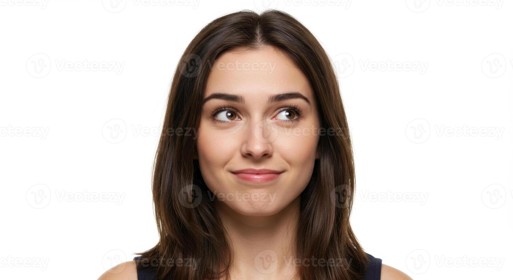 Curious Young Caucasian Woman with Subtle Smile Looking Up, Isolated on White Background for Advertisement Use photo