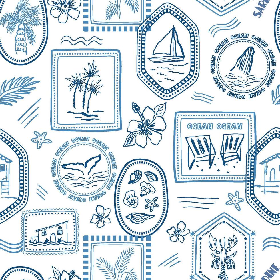 Blue summer vacation seamless pattern. Sea travel stamps wallpaper. Sailboat, beach house, ocean vibe, palms, whale, hibiscus flower. Hand drawn textile design, repeat background, fabric, print vector