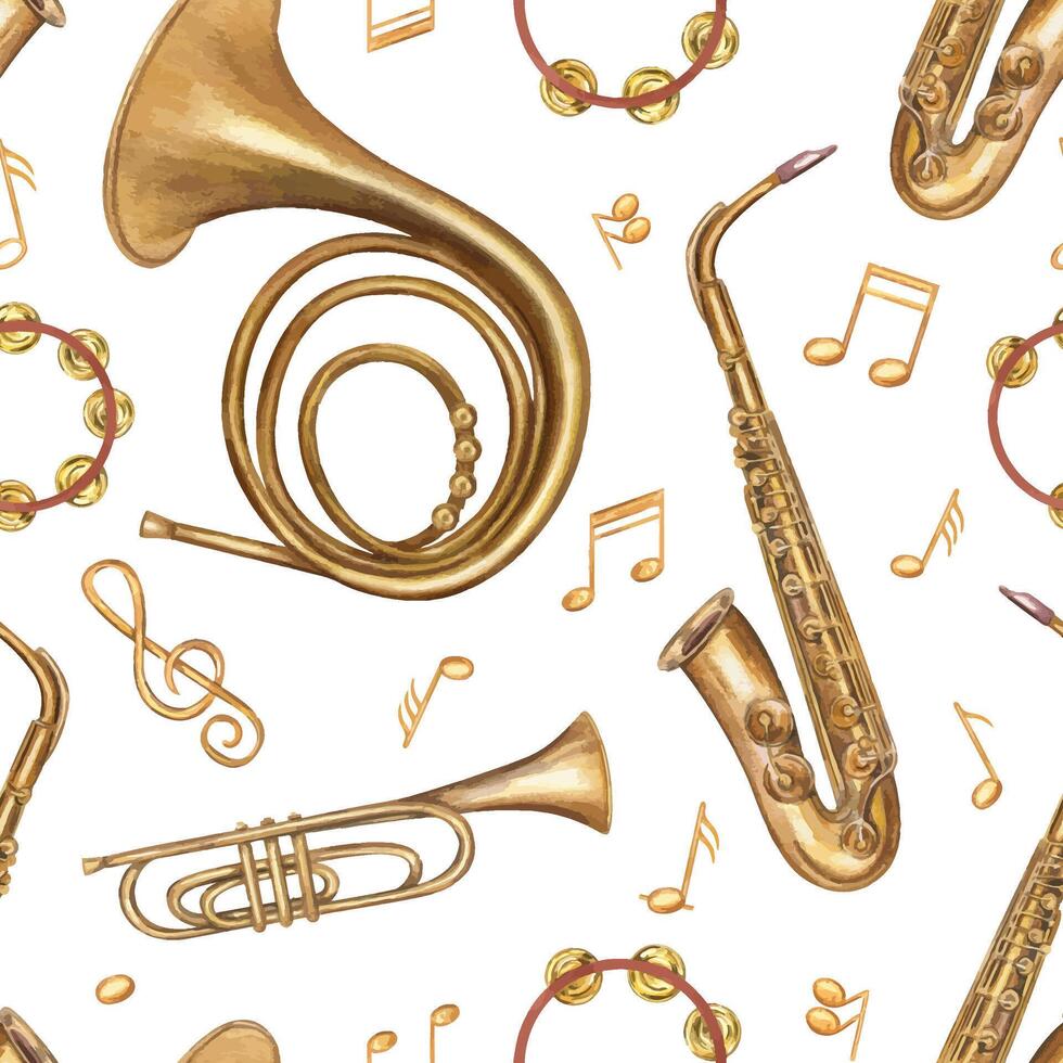 Music instruments and musical golden notes seamless pattern isolated background. Watercolor saxophone, trumpet, French horn illustration for jazz festival, music school materials, elegant packaging. vector