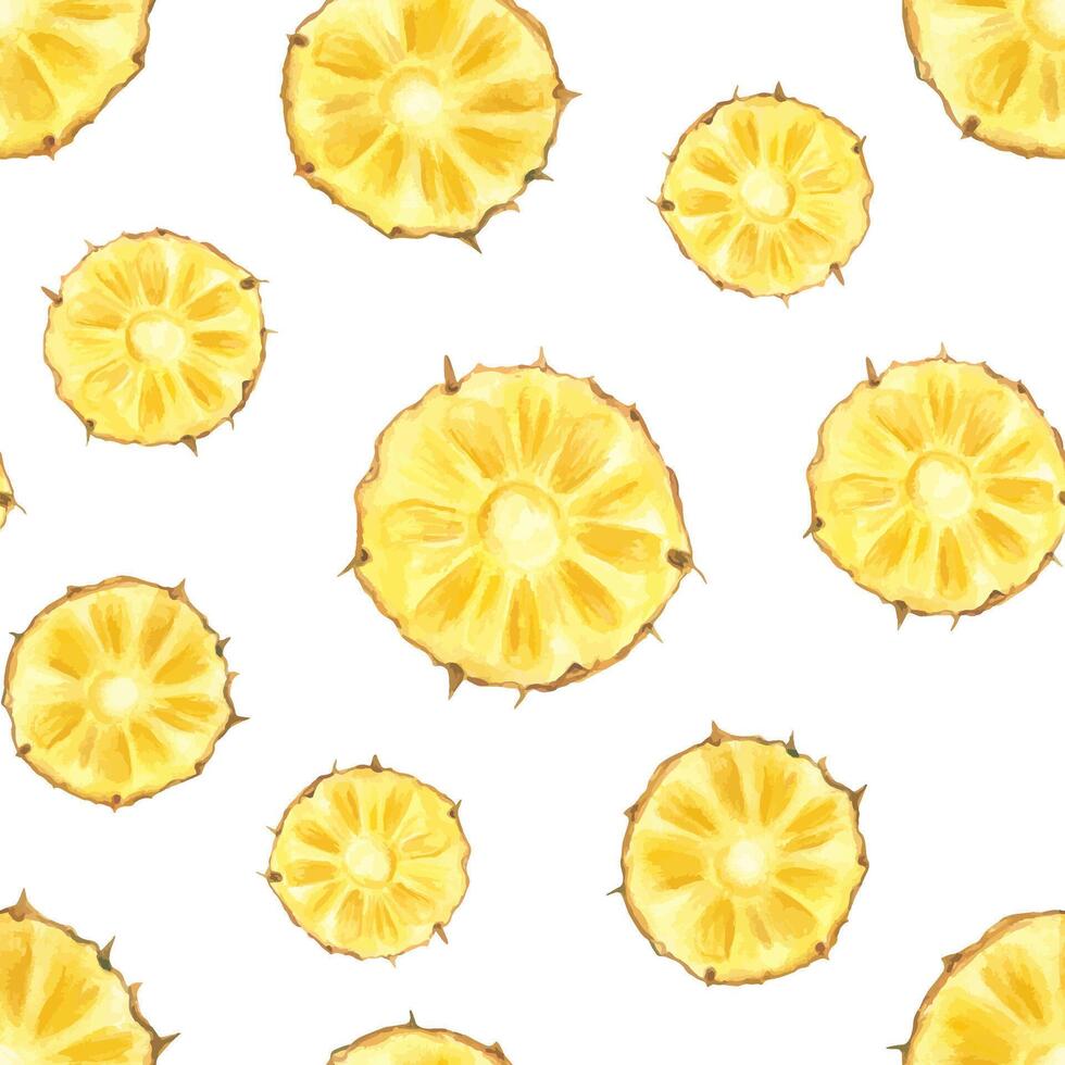 Round yellow pineapple slices watercolor seamless pattern isolated background. Hand painted sunny tropical cross section fruit illustration. Repeat ornate for kitchen textile, summer party decoration vector