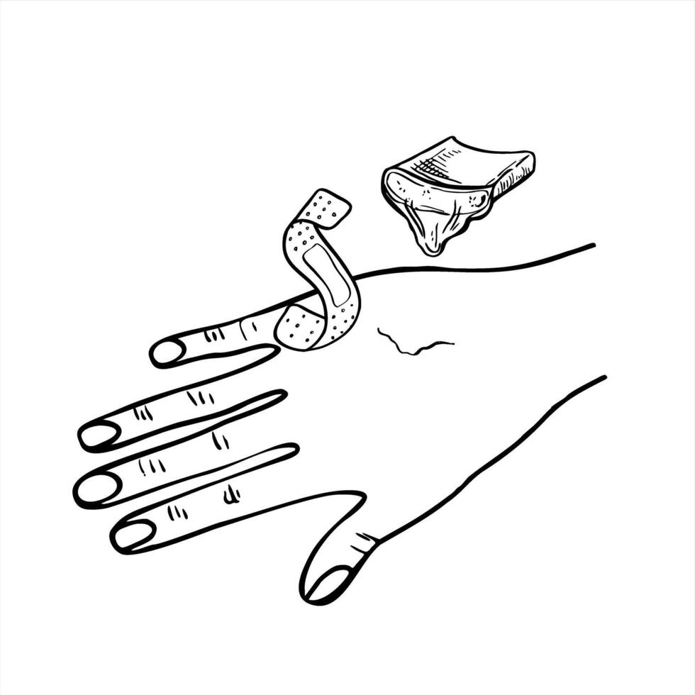 hand with symbolic wound, healing aloe leaf with dripping juice and band aid illustration. Herb healing sketch for first aid packaging, herbal medicine branding, skincare product, medical blog vector