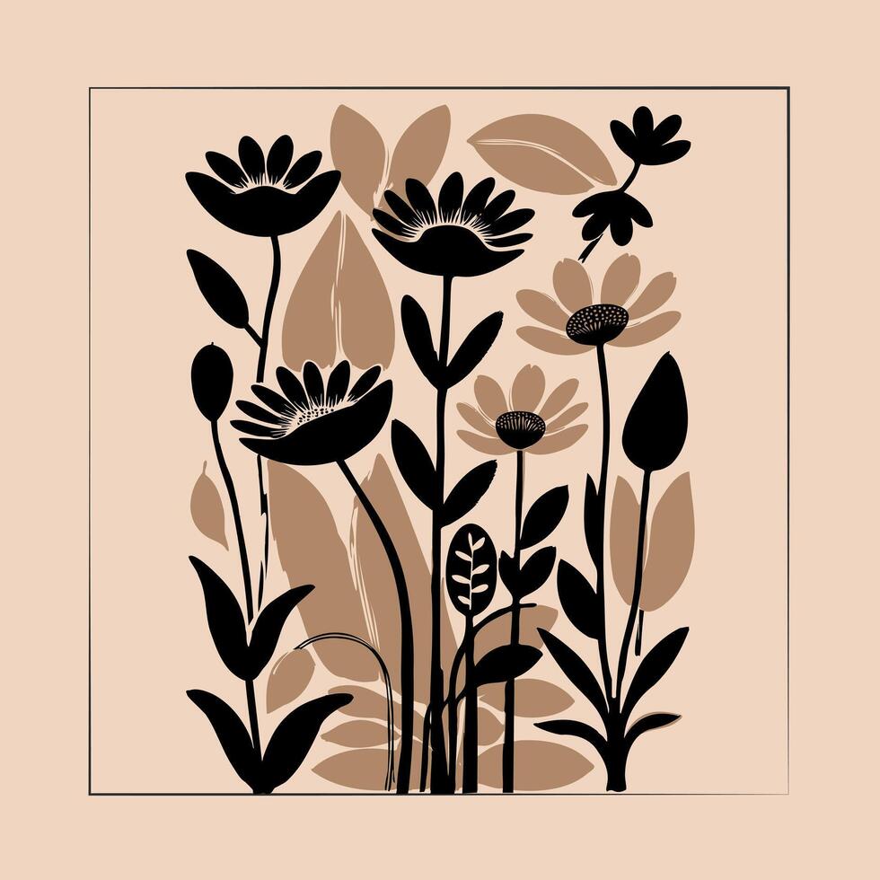Silhouette illustration of flowers in beige and black color scheme vector
