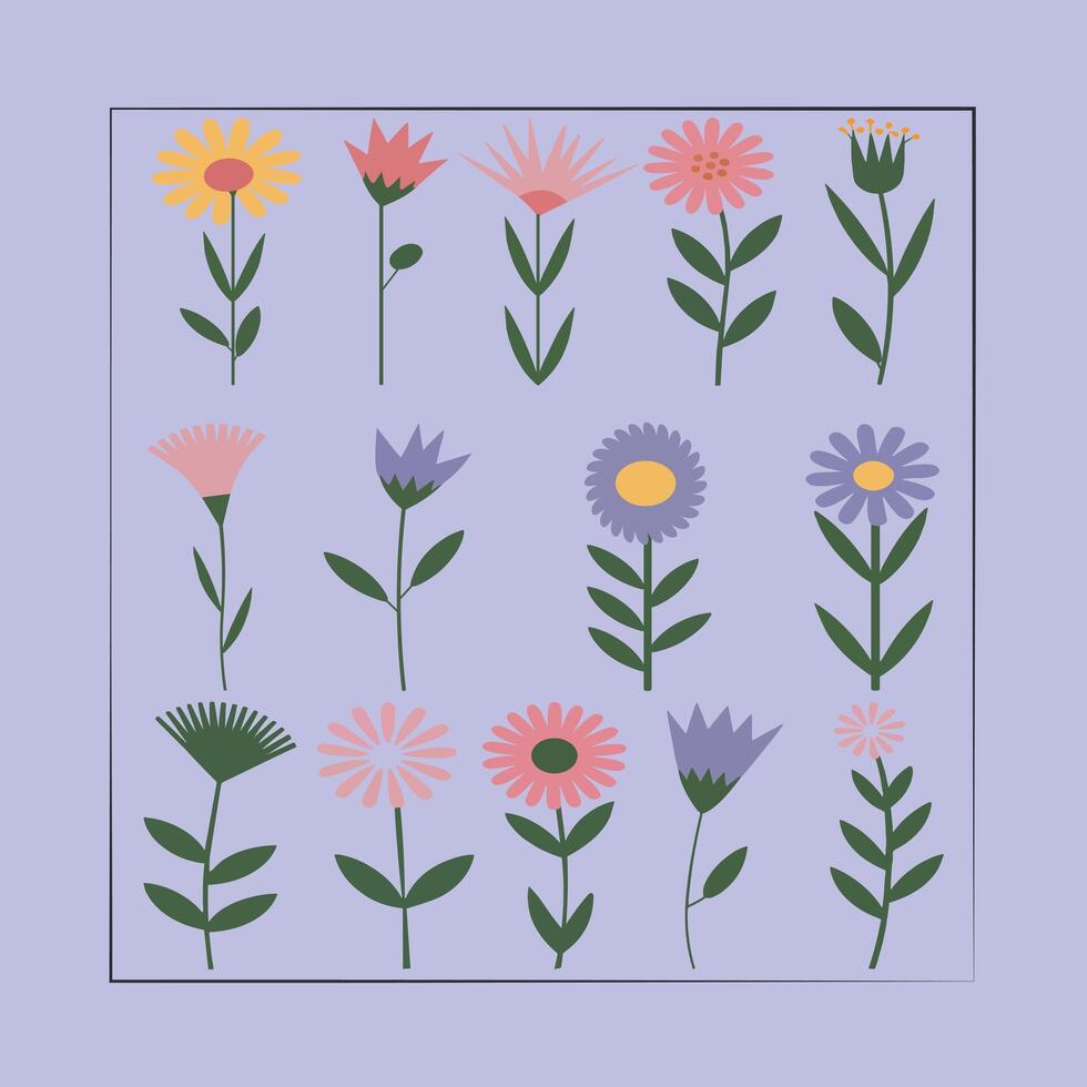 Set of flat spring flowers on pastel background vector
