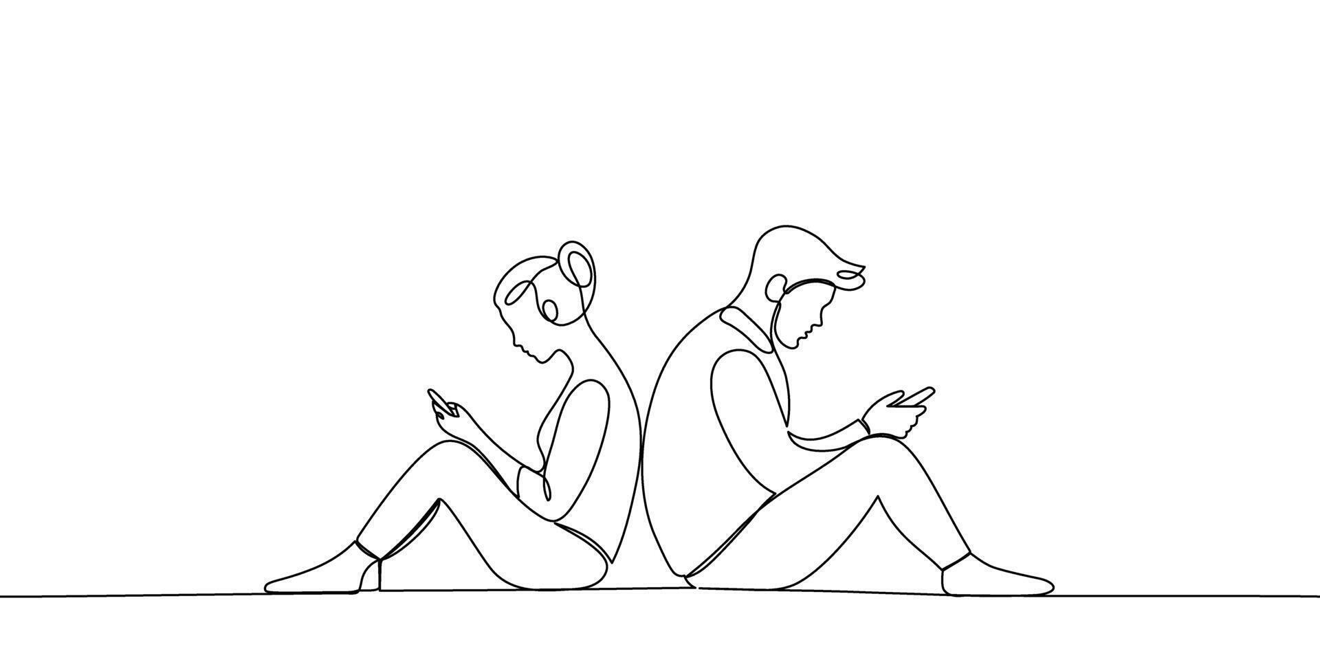 Banner continuous line man and woman sitting and communicating via smartphone, internet. Internet addiction concept. Virtual communication. linear illustration, art vector
