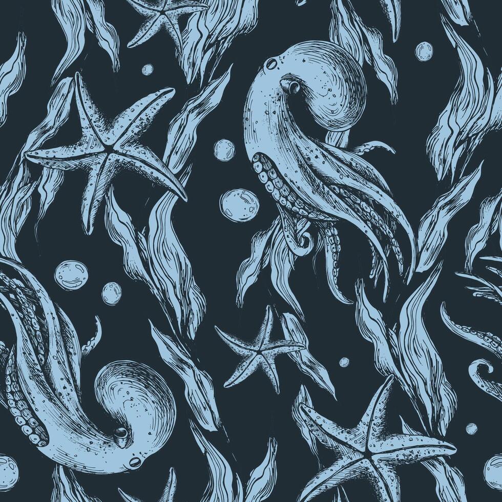 Underwater world clipart with sea animals octopus, starfish, bubbles and algae. Graphic illustration hand drawn in blue ink. Seamless pattern on a dark background EPS vector