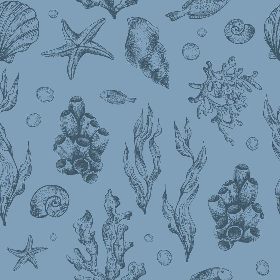 Marine underwater clip art with shells, sea sponges, corals, starfish, pebbles, seaweed, fish, bubbles. Graphic illustration hand drawn in dark blue ink. Seamless pattern on a blue EPS vector