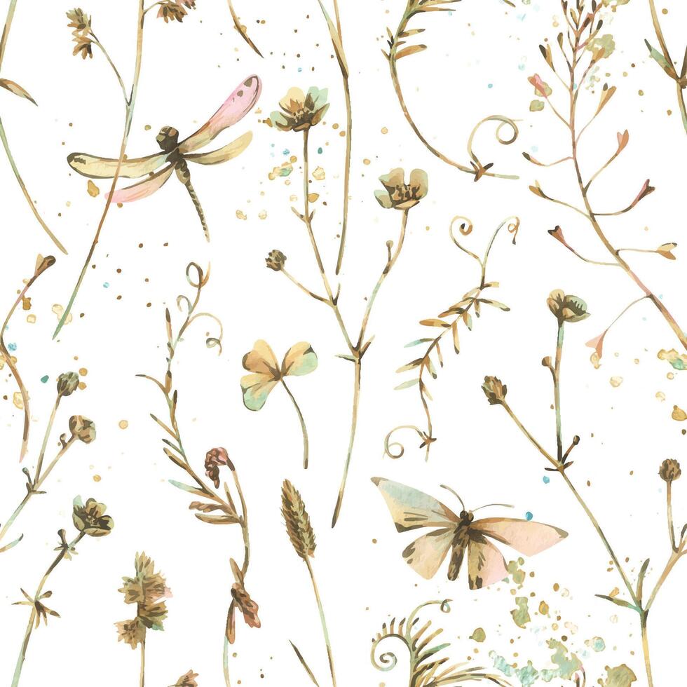 Seamless botanical pattern with wild herbs, dragonflies, and butterflies. Soft watercolor style, perfect for eco-designs, wrapping paper, wallpapers, and fabric with a natural countryside feel. vector