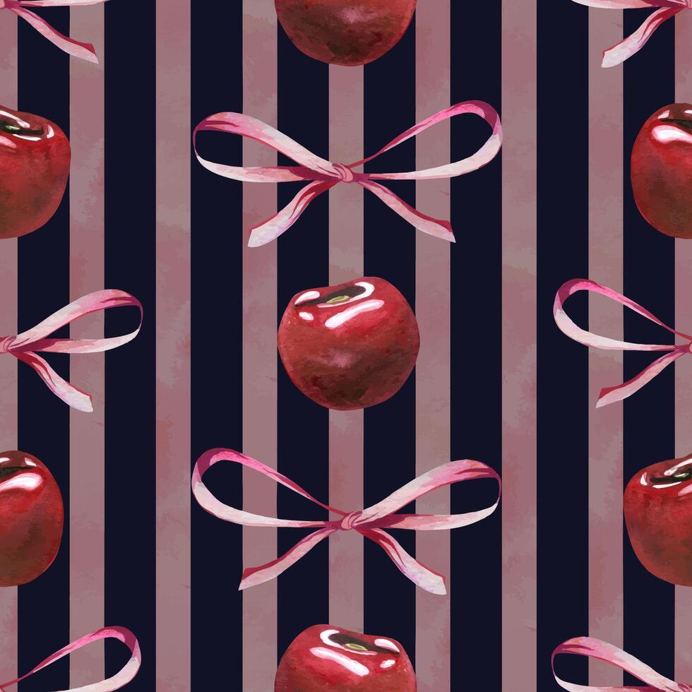 Red ripe cherries individual berries with bows. Watercolor hand drawn illustration on the theme of fruits, food and desserts. Seamless pattern, ornament on a dark blue background with pink stripes vector