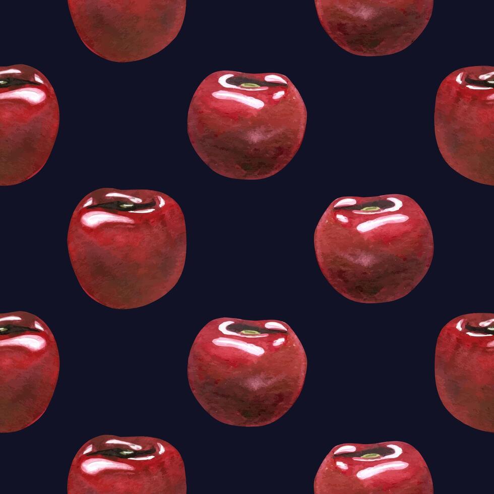 Red ripe cherries individual berries. Watercolor hand drawn illustration on the theme of fruits, food and desserts. Seamless pattern, ornament on a dark blue background, infinitely repeating vector