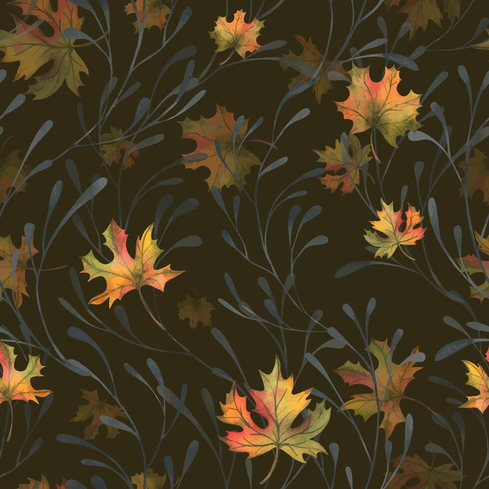 Autumn maple leaves are orange with graceful black branches. Hand drawn watercolor illustration. Seamless pattern simple on dark brown background. Thanksgiving, Harvest, Halloween vector