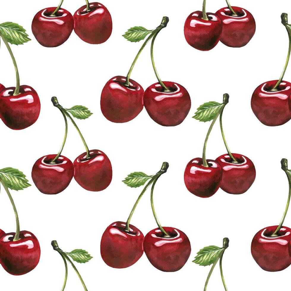 Red ripe cherries couple twins berries. Watercolor hand drawn illustration on the theme of fruits, food and desserts. Seamless pattern, ornament on a white background, infinitely repeating vector