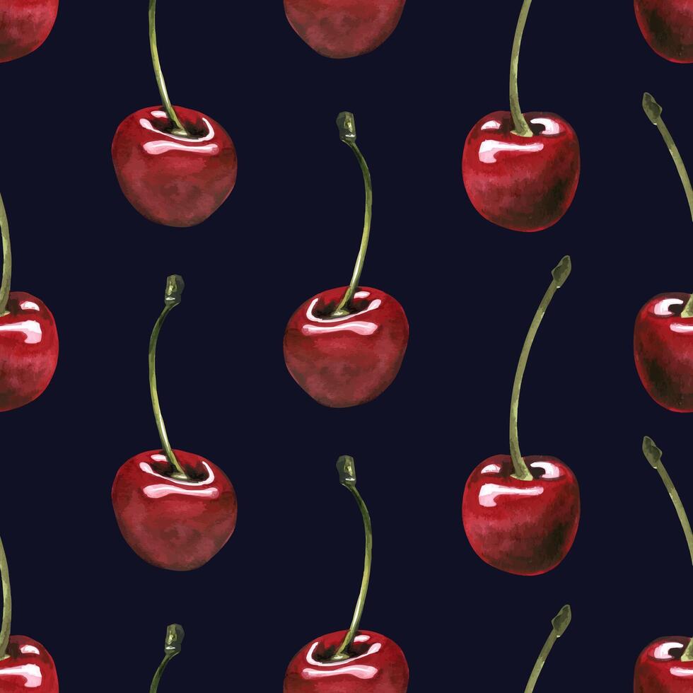 Red ripe cherries individual berries with stems. Watercolor hand drawn illustration on the theme of fruits, food and desserts. Seamless pattern ornament on a white background, infinitely repeating vector
