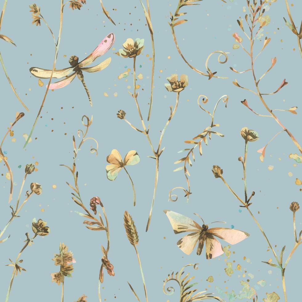Seamless botanical pattern blue with wild herbs, dragonflies, and butterflies. Soft watercolor style, perfect for eco-designs, wrapping paper, wallpapers, and fabric with a natural countryside feel vector