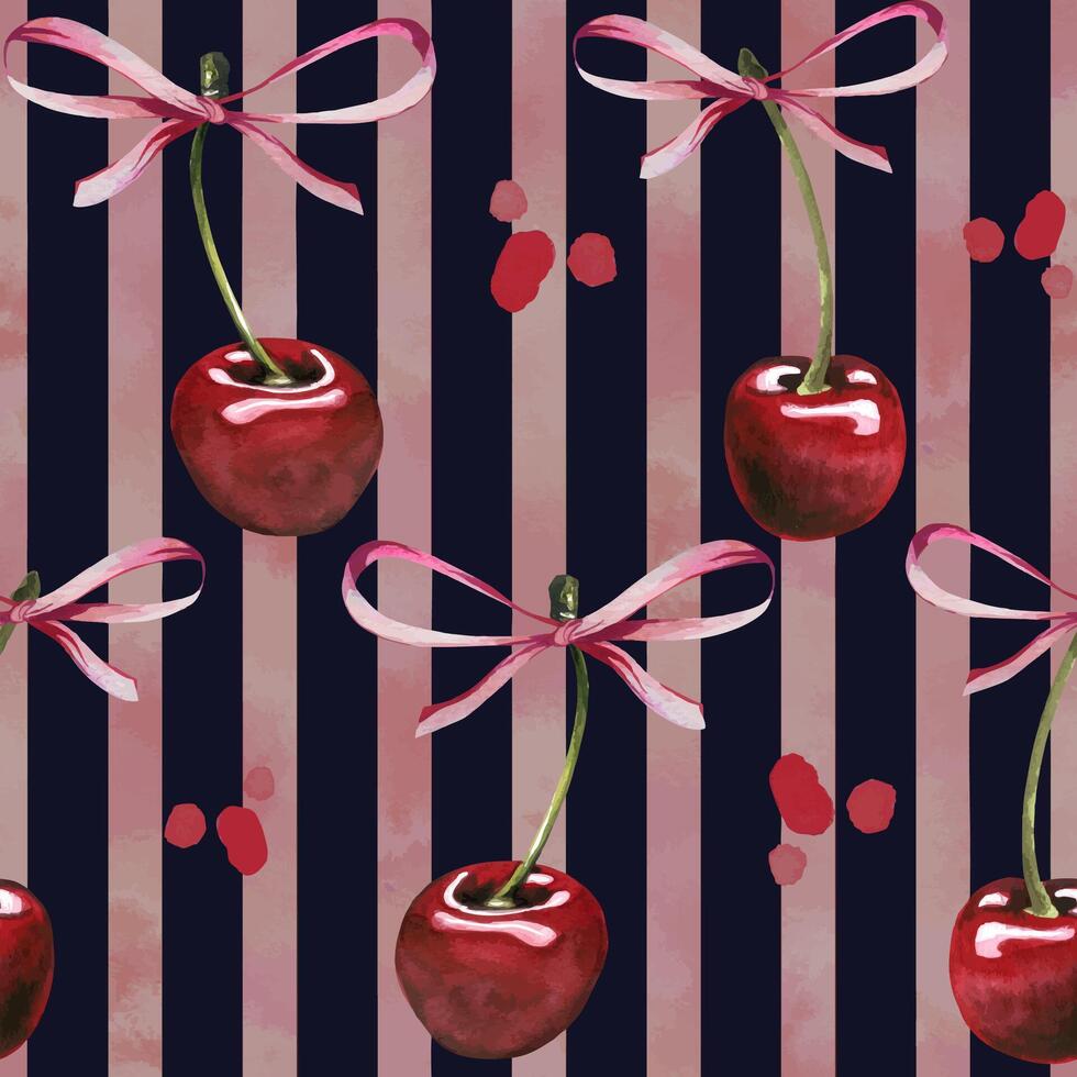 Red ripe cherries individual berries bows, spots. Watercolor hand drawn illustration on the theme of fruits, food and desserts. Seamless pattern, ornament on a dark blue background with pink stripes vector