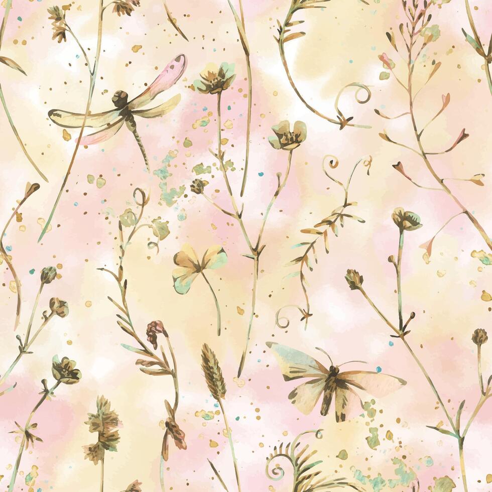 Seamless botanical pattern with wild herbs, dragonflies, and butterflies. Soft watercolor style washes, perfect for eco-designs, wrapping paper, wallpapers, and fabric with a natural countryside feel vector