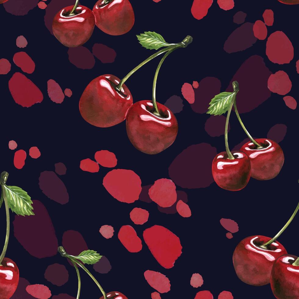 Red, ripe cherries, couple twins berries with drops of juice. Watercolor hand-drawn illustration on the theme of fruits, food and desserts. Seamless pattern, ornament on a dark blue background vector