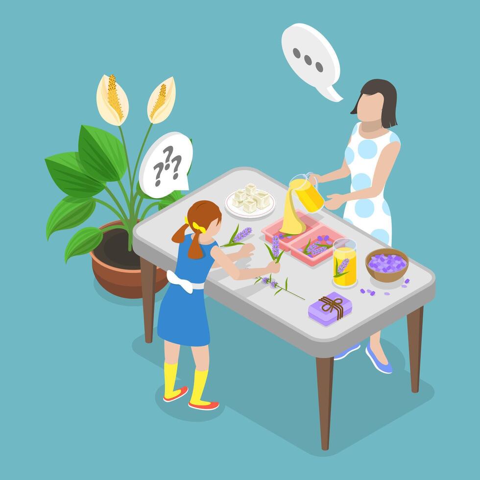 3D Isometric Flat Illustration of Family Soap Making, Fun Hobby vector