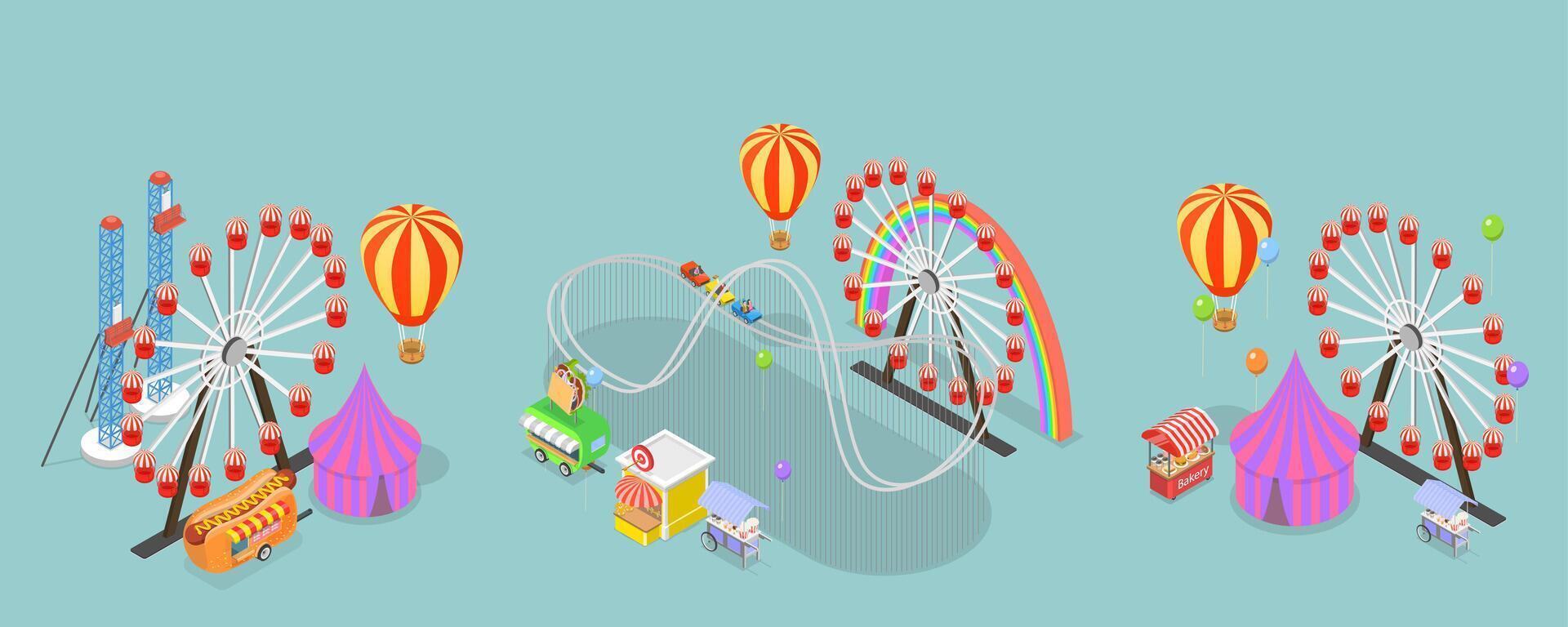 3D Isometric Flat Set of Amusement Parks, Observation Wheel, Roller Coaster vector
