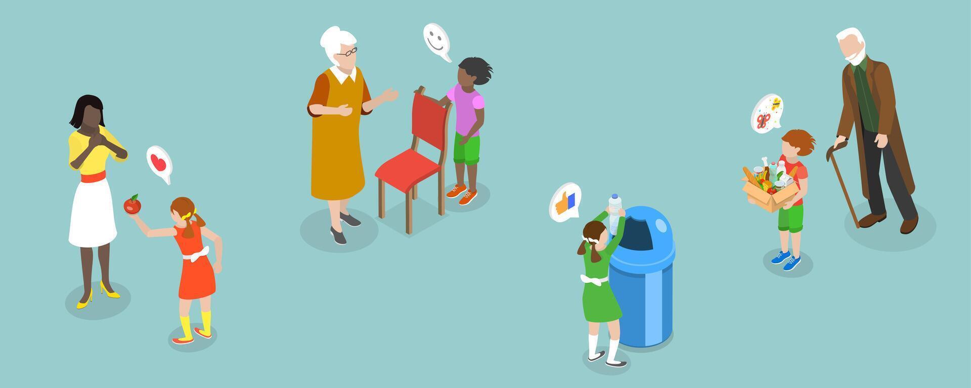 3D Isometric Flat Illustration of Child Behavior, Kids with Good Manners vector