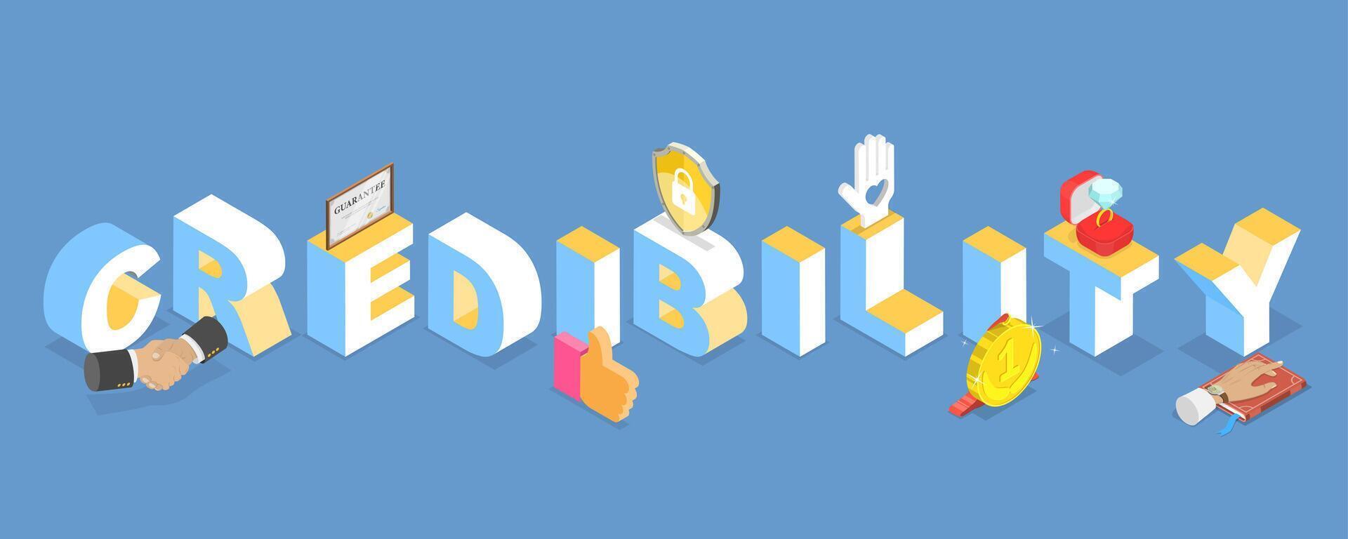 3D Isometric Flat Illustration of Credibility, Commitment, reliable, reputation and ect. vector