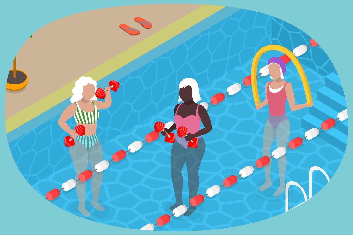 3D Isometric Flat Illustration of Seniors Swimming in a Pool, Hydrotherapy vector