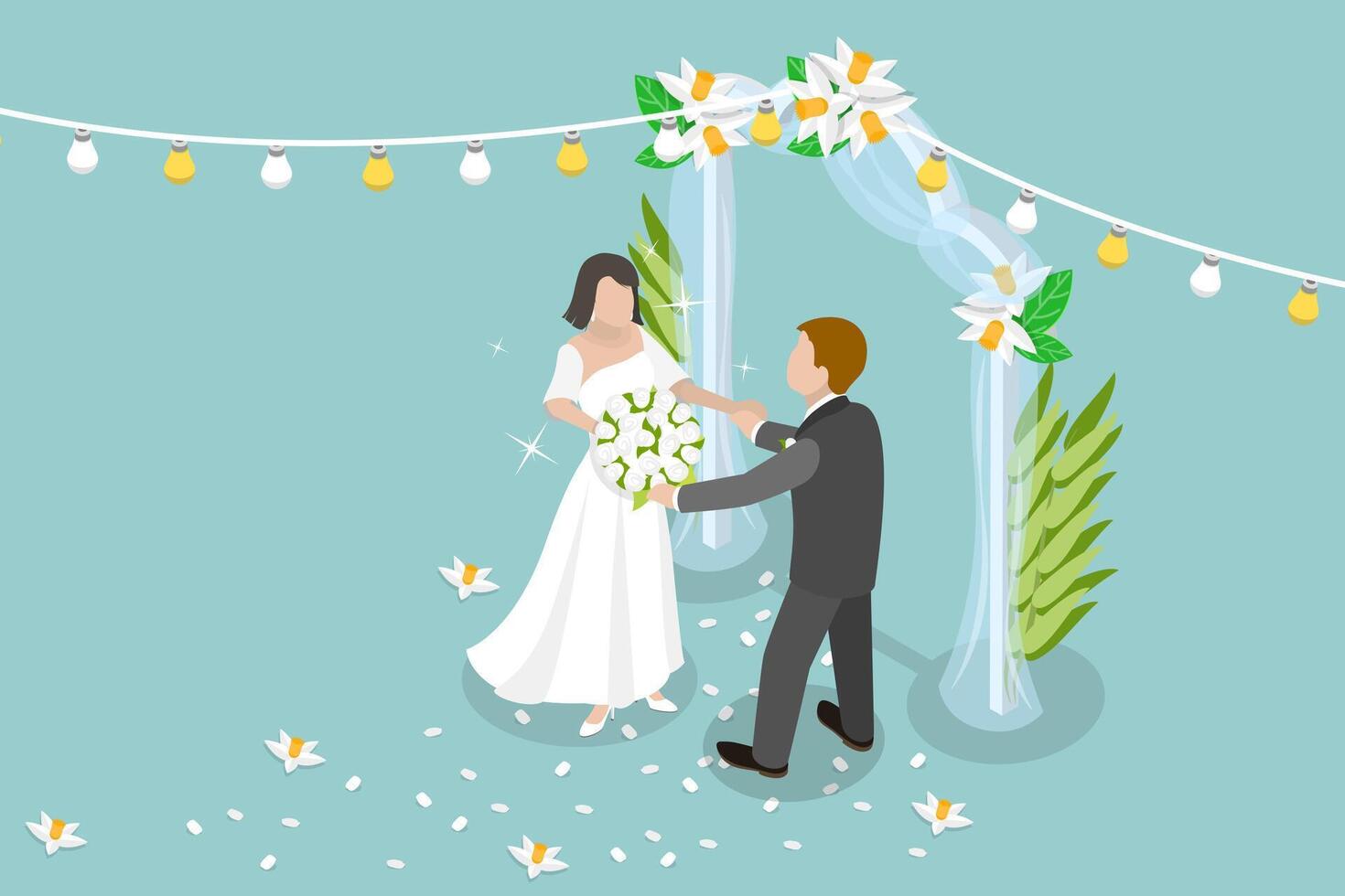 3D Isometric Flat Illustration of Wedding, Married Couple with Floral Decoration vector