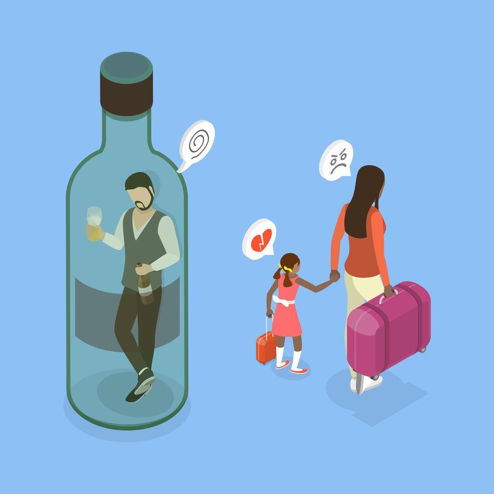 3D Isometric Flat Illustration of Leaving a Drinking Husband, Addicted Drinker vector