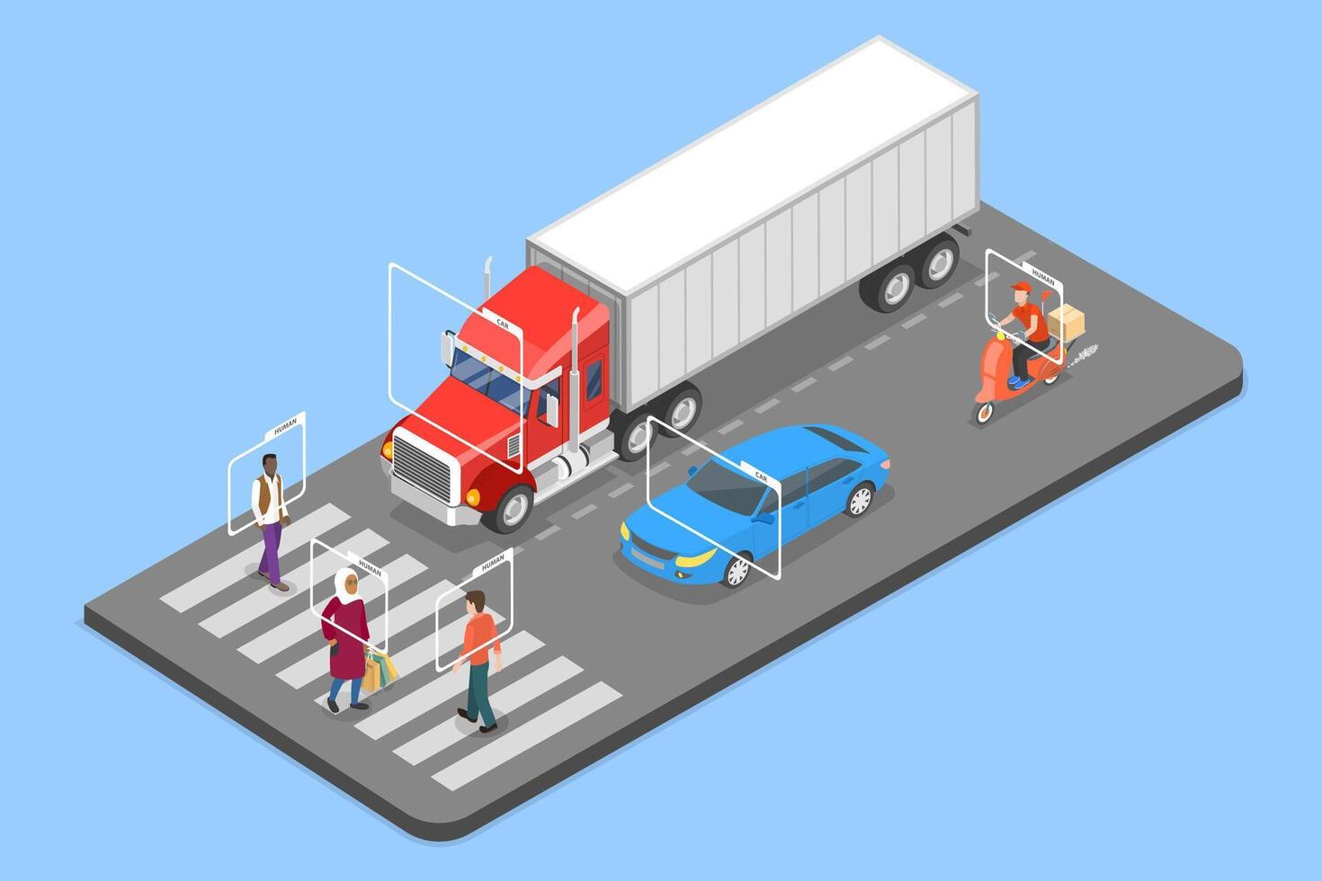 3D Isometric Flat Illustration of Vehicle Recognition, Artificial Intelligence Technology vector