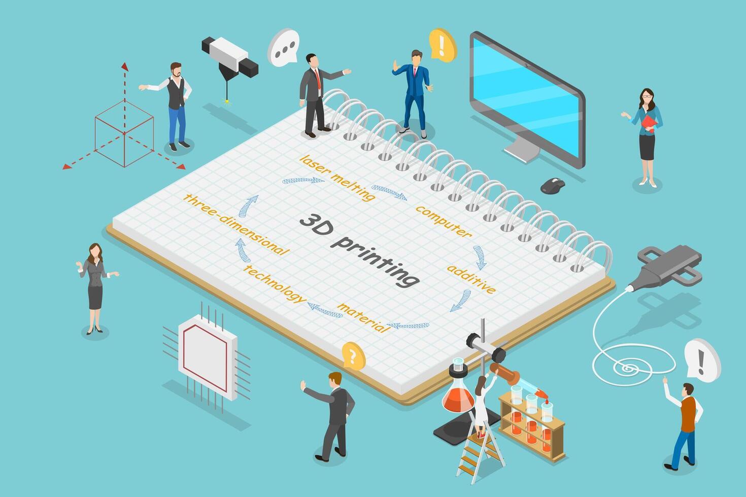 3D Isometric Flat Illustration of 3D Printing, Process of Creation of Three-dimentional Object vector